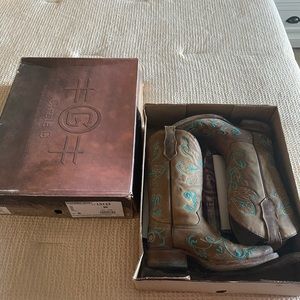 Brown and Turquoise Square Toe Cowboy Boots